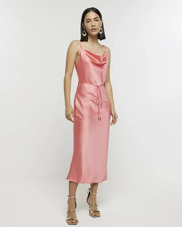 Coral satin cowl neck slip midi dress