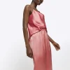 Coral satin pull on wide leg trousers