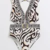 Cream abstract buckle swimsuit