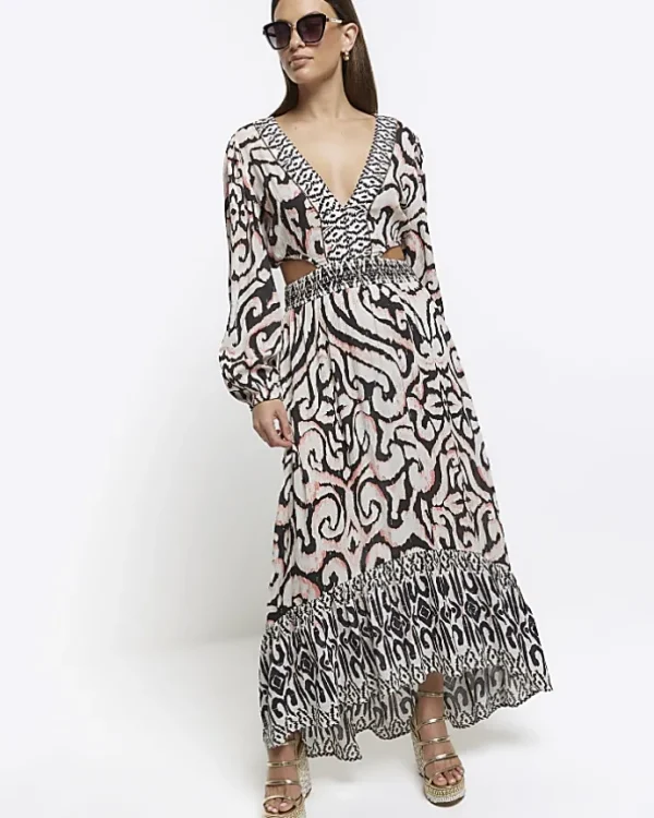 Cream abstract cut out beach maxi dress