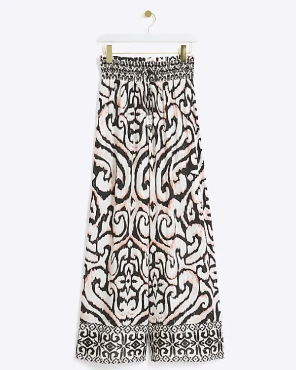 Cream abstract wide leg beach trousers