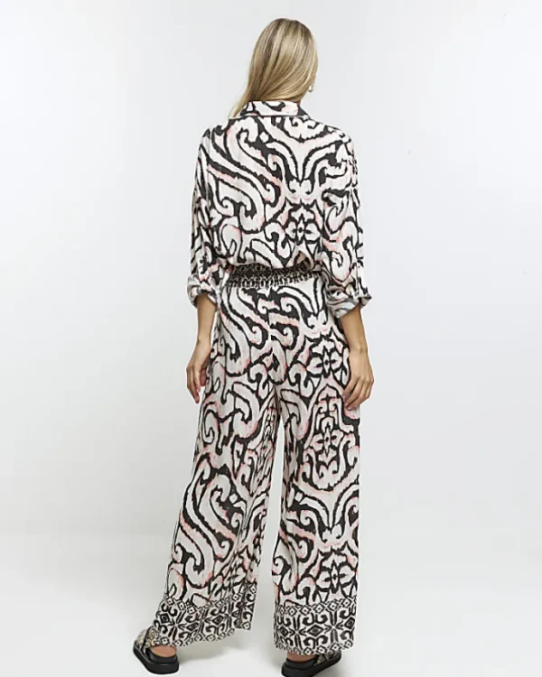 Cream abstract wide leg beach trousers