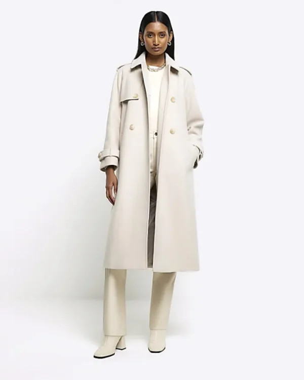 Cream belted longline trench coat