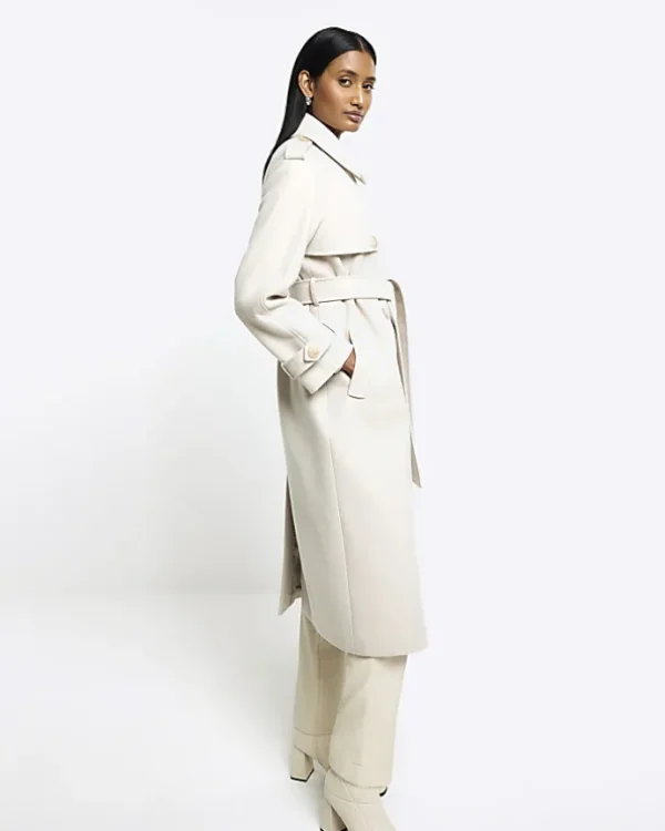 Cream belted longline trench coat