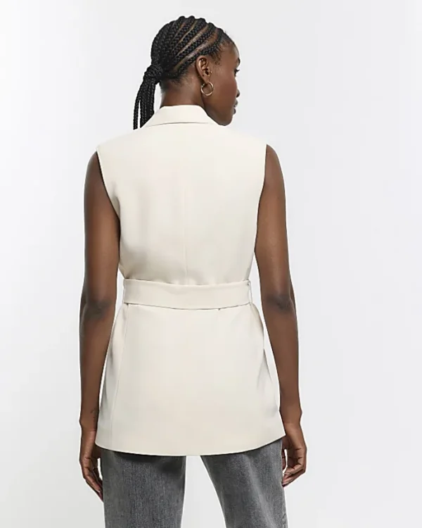 Cream Belted Longline Waistcoat