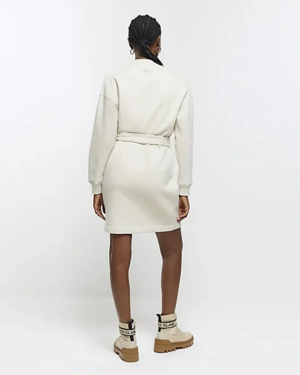 Cream Belted Sweatshirt Mini Dress