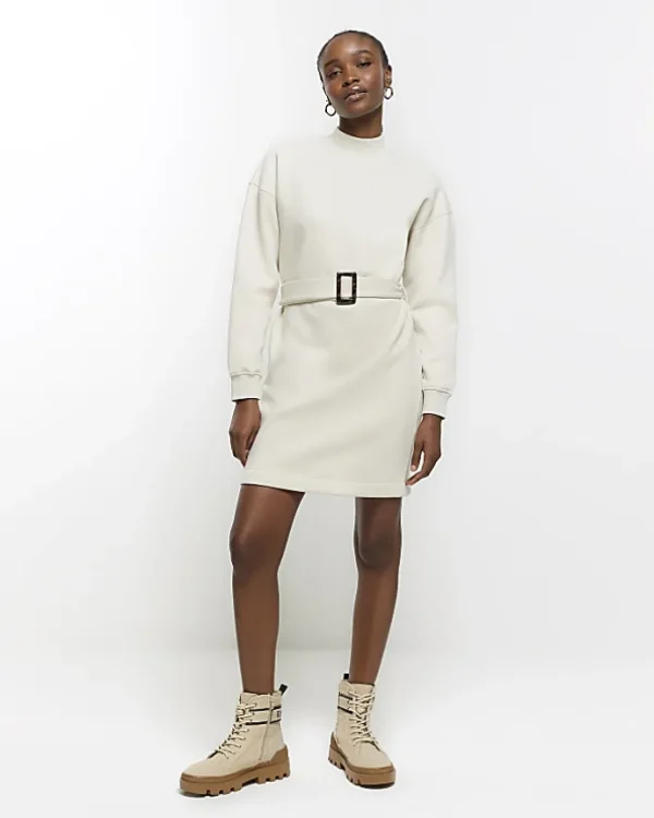 Cream Belted Sweatshirt Mini Dress