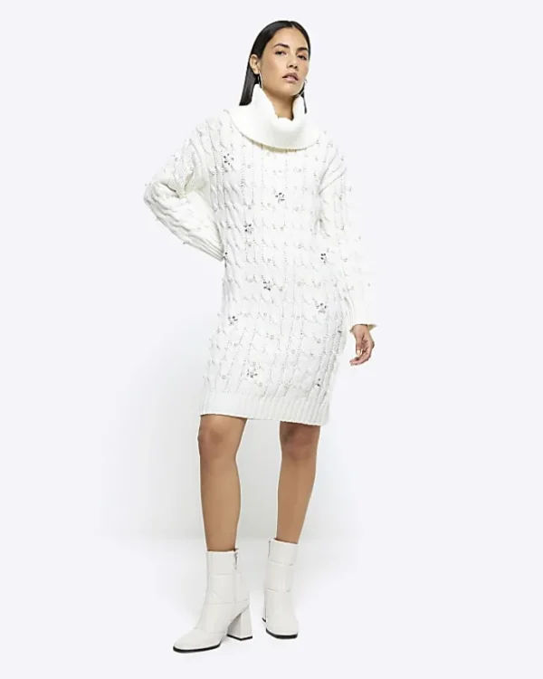 Cream cable knit pearl jumper mini dress