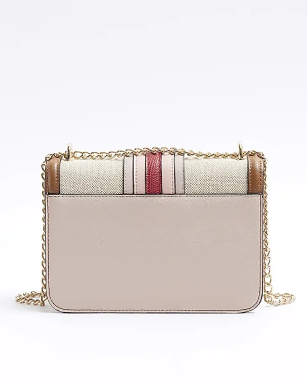 Cream canvas stripe chain cross body bag