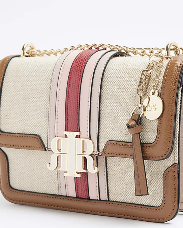 Cream canvas stripe chain cross body bag