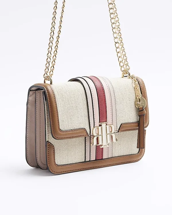 Cream canvas stripe chain cross body bag