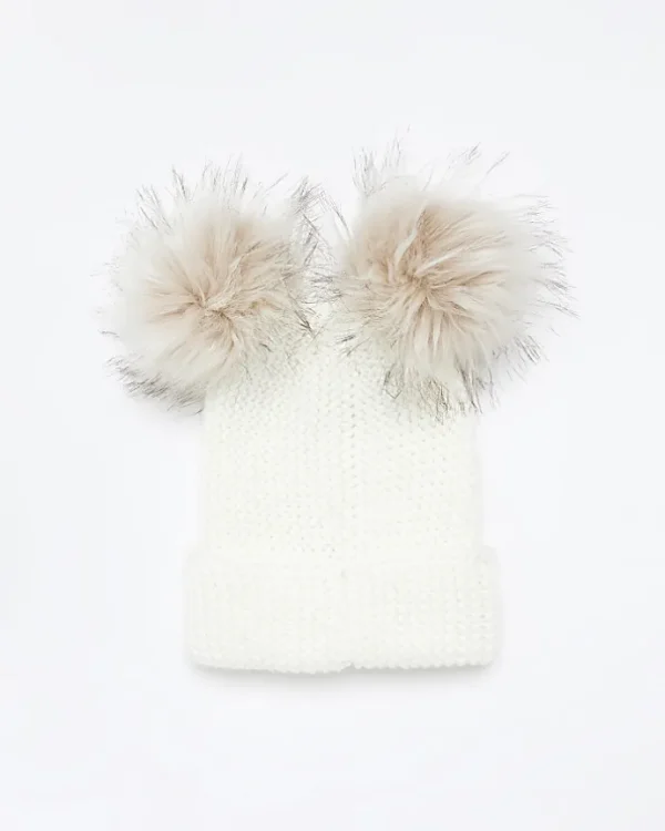 Cream double pom pom beanie