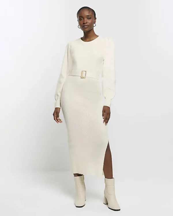 Cream knit belted jumper midi dress