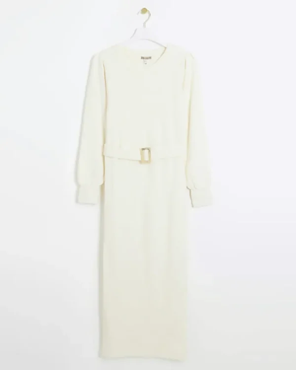 Cream knit belted jumper midi dress