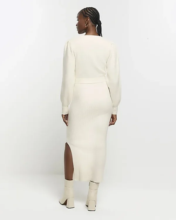 Cream knit belted jumper midi dress