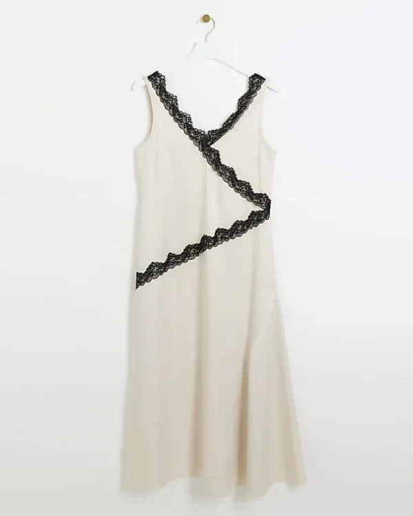 Cream lace trim slip midi dress