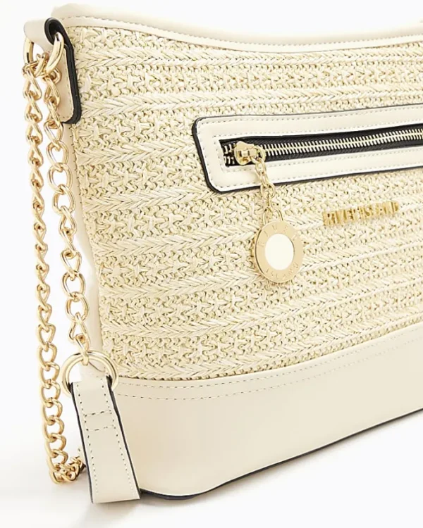 Cream raffia chain cross body bag