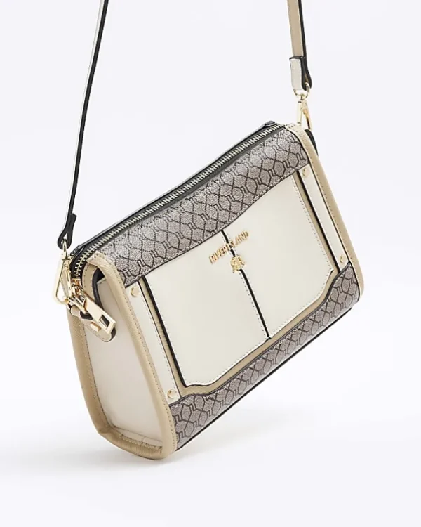 Cream RI monogram panel cross body bag