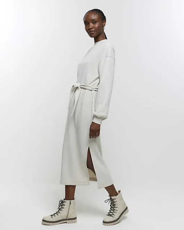 Cream tie jersey sweatshirt midi dress