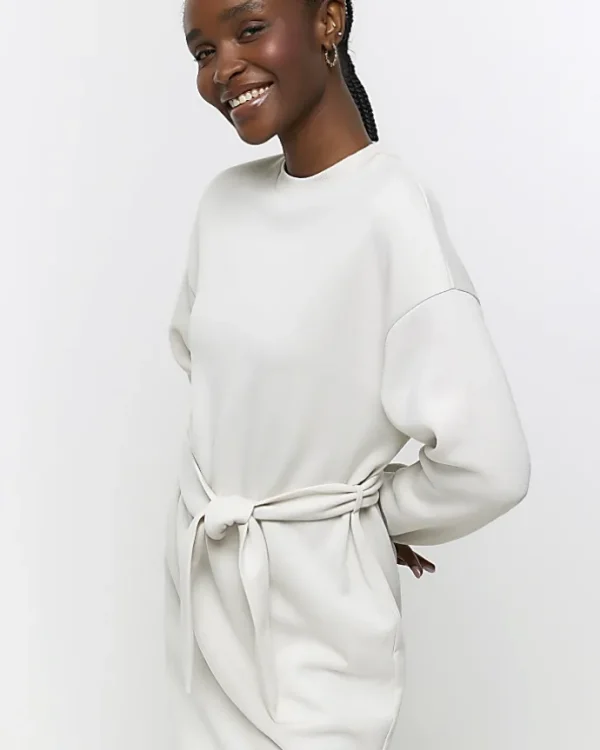 Cream tie jersey sweatshirt midi dress