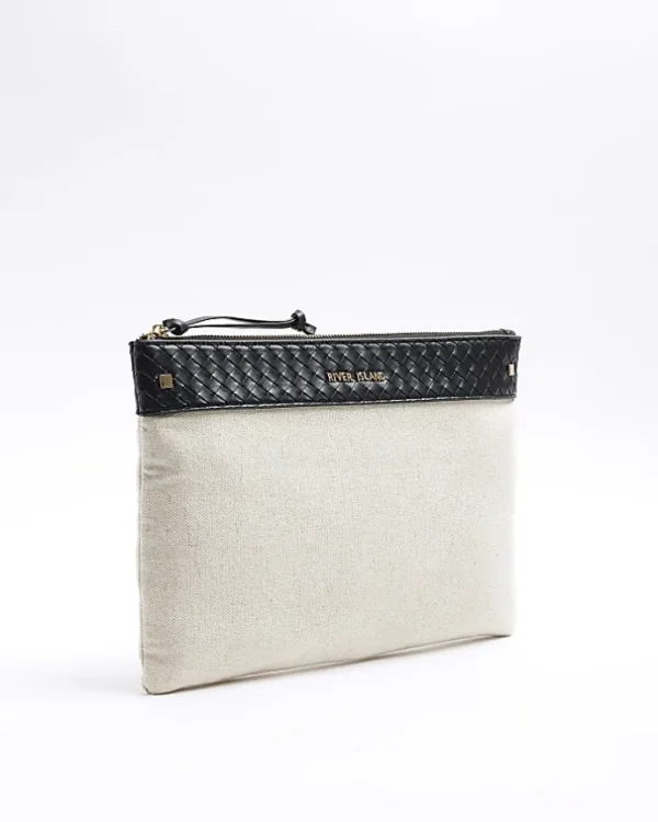 Cream weave trim canvas pouchette bag