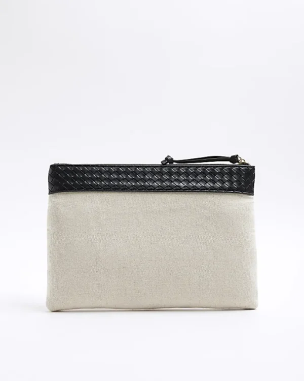 Cream weave trim canvas pouchette bag