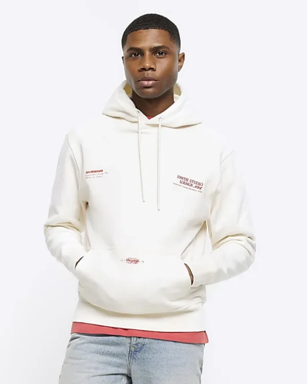 Ecru regular fit embossed graphic hoodie