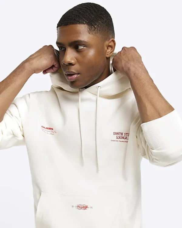 Ecru regular fit embossed graphic hoodie