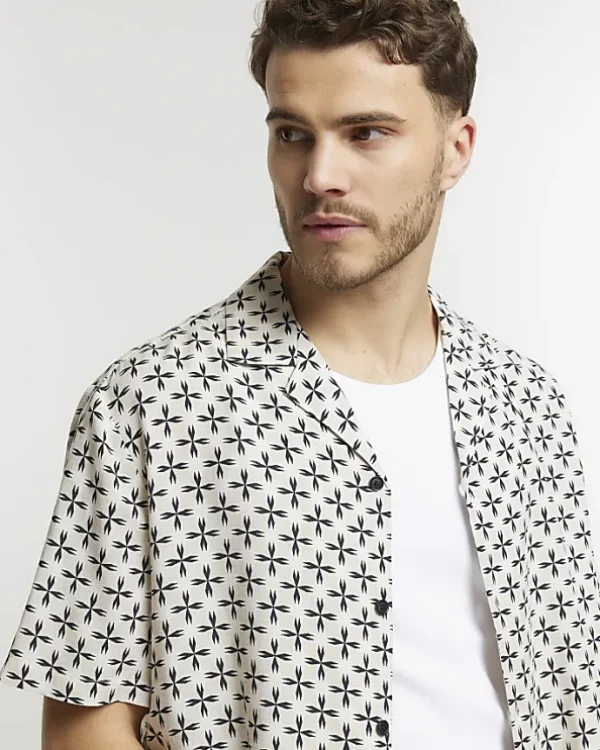 Ecru regular fit geometric revere shirt