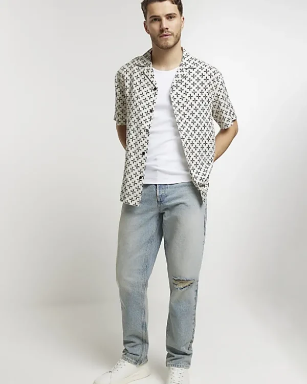 Ecru regular fit geometric revere shirt