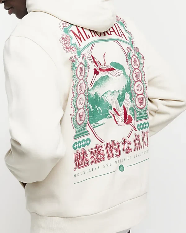 Ecru regular fit Japanese graphic hoodie