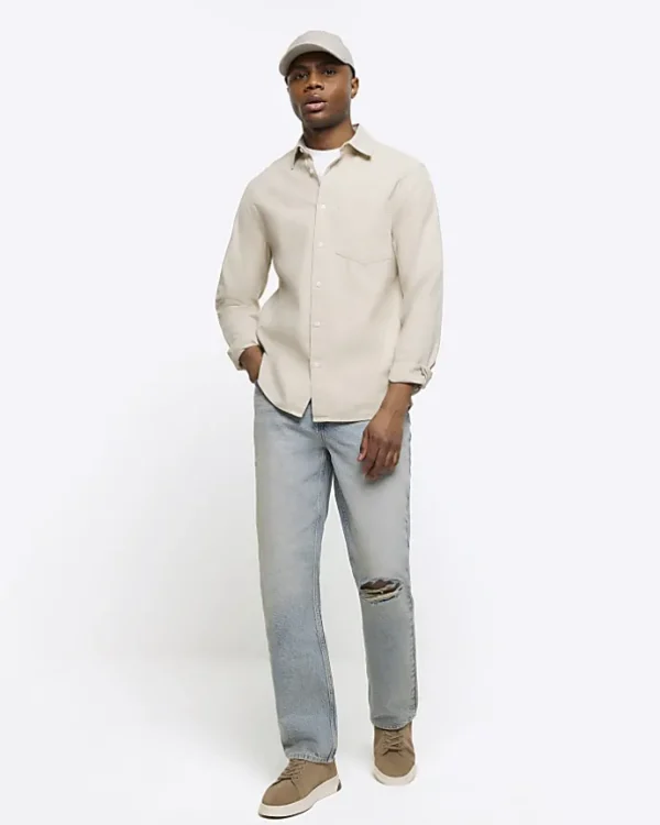 Ecru regular fit linen blend shirt