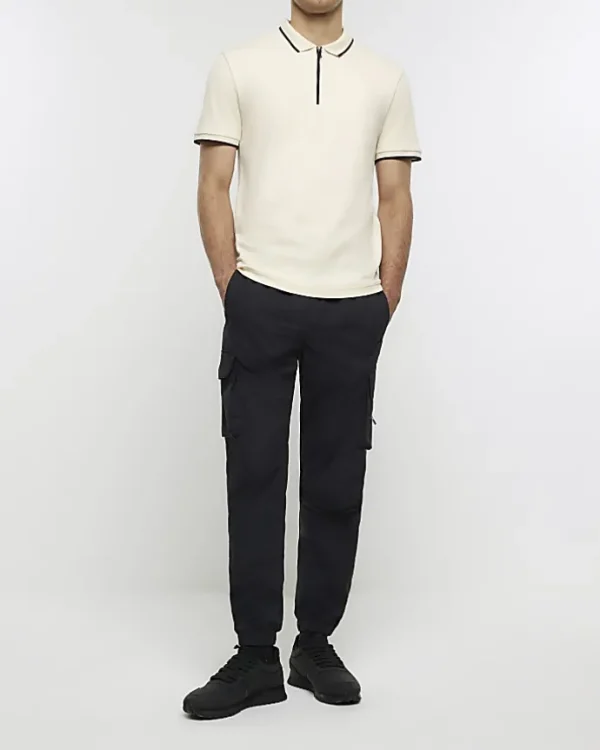 Ecru slim fit taped collar polo