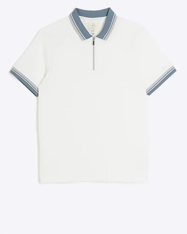 Ecru slim fit taped half zip polo