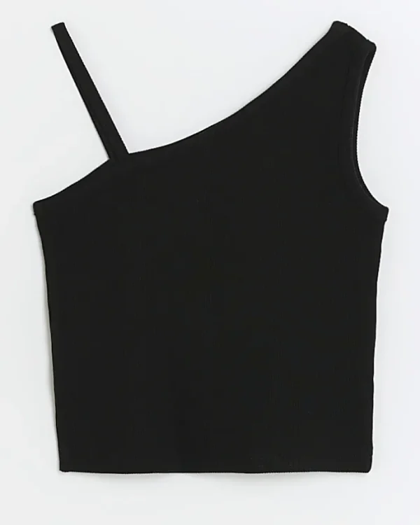 Girl black rib one shoulder vest top