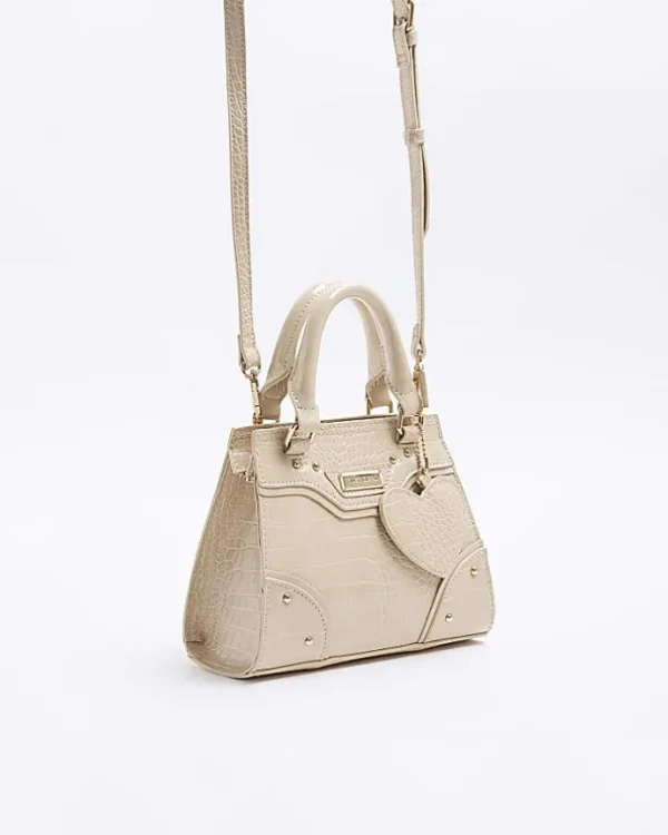 Girls beige croc embossed tote bag