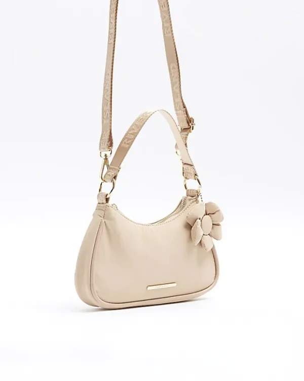 Girls Beige Flower Shoulder Scoop Bag