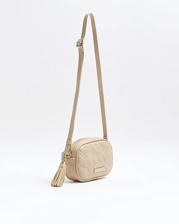 Girls Beige heart quilted cross body bag