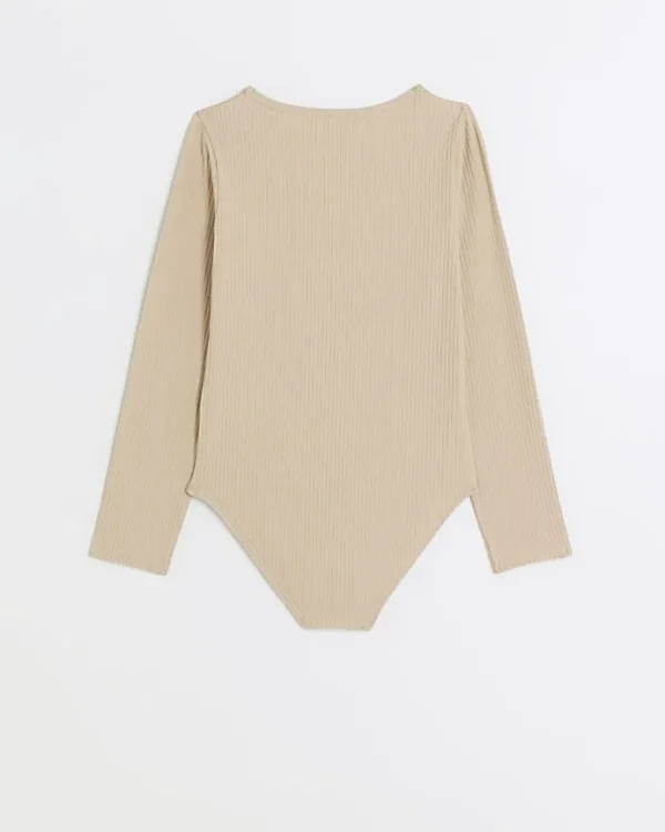 Girls beige long sleeve ribbed bodysuit top