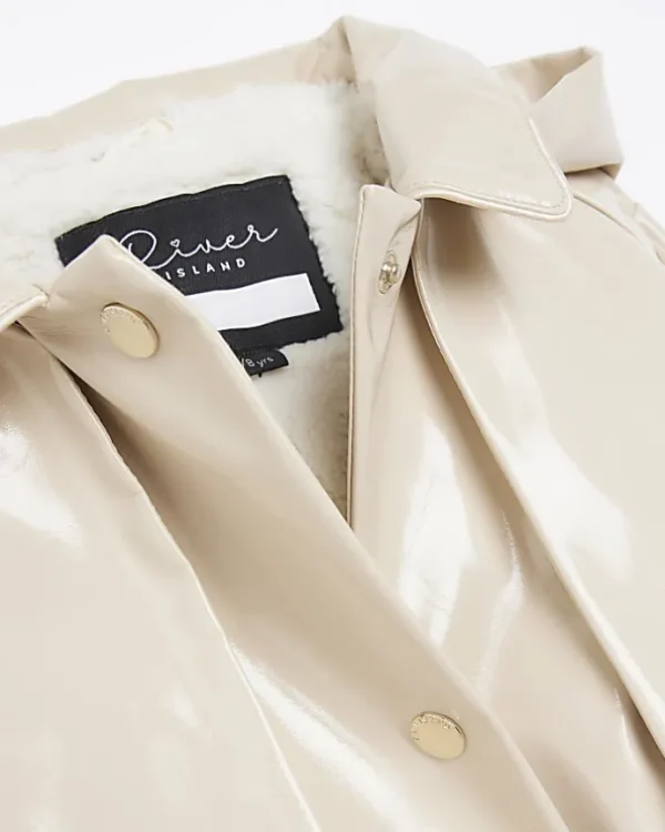 Girls beige PU hooded trench coat