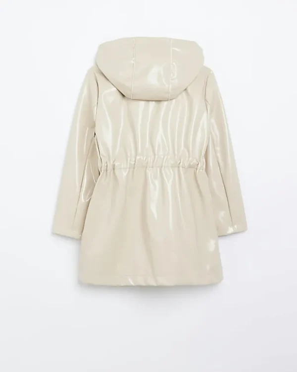 Girls beige PU hooded trench coat