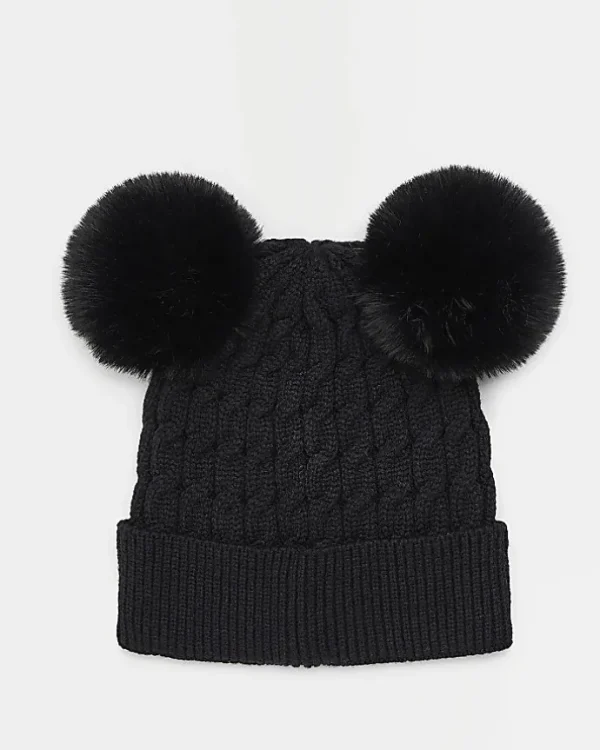 Girls Black Double Pom Pom Beanie Hat