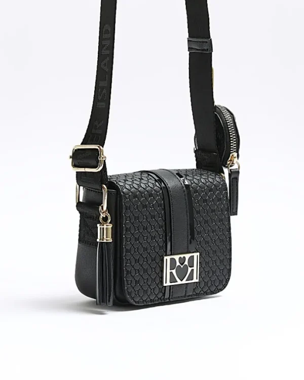 Girls black embossed monogram cross body bag