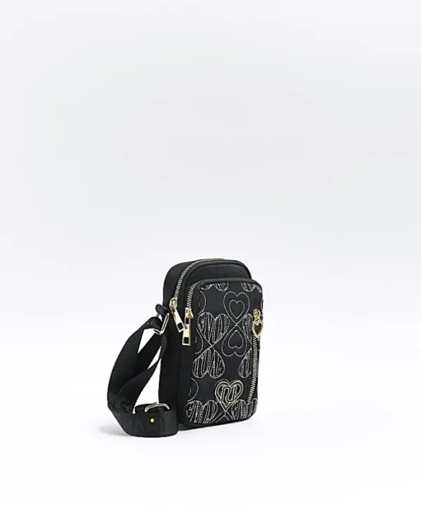 Girls black embroidered heart cross body bag