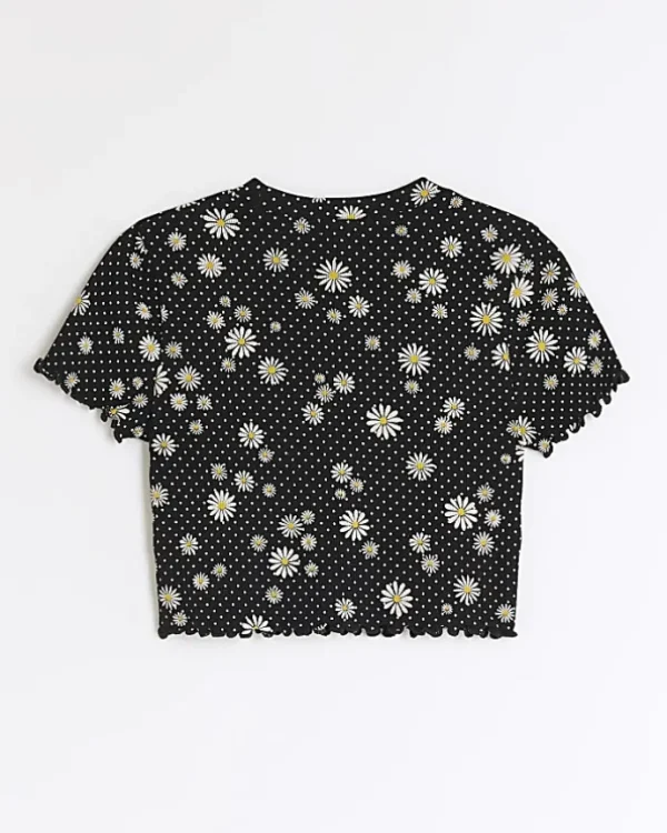 Girls black floral crop t-shirt