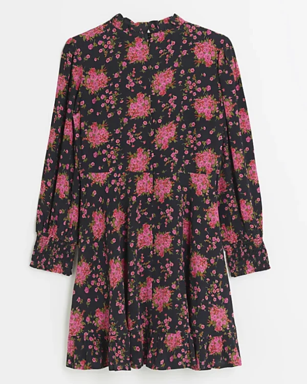 Girls black floral long sleeve dress