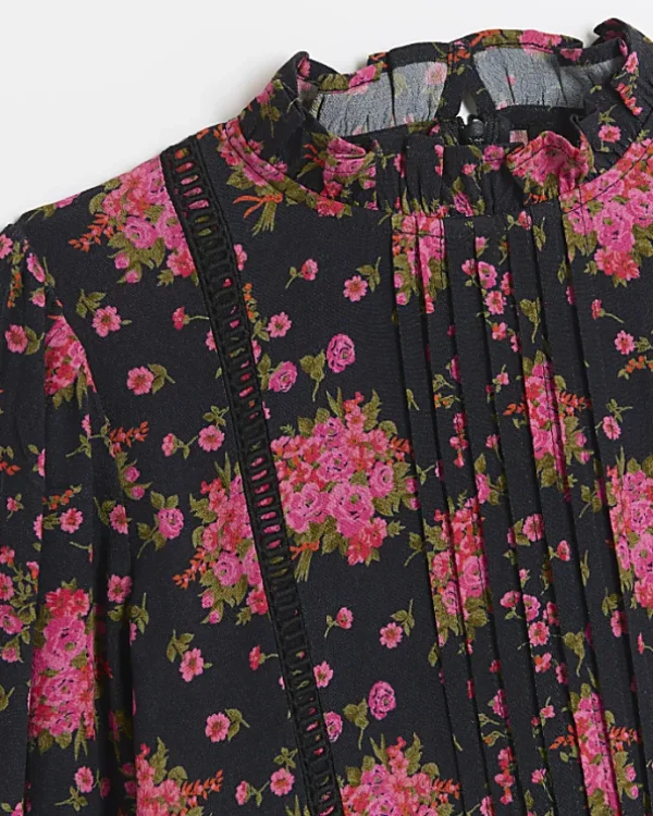 Girls black floral long sleeve dress