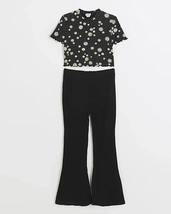 Girls black floral top and trousers set