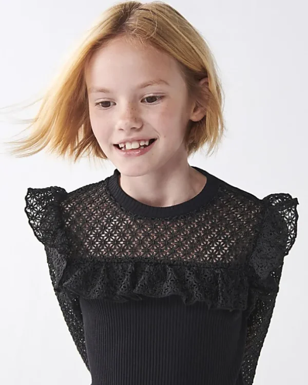 Girls black frill lace sleeve blouse