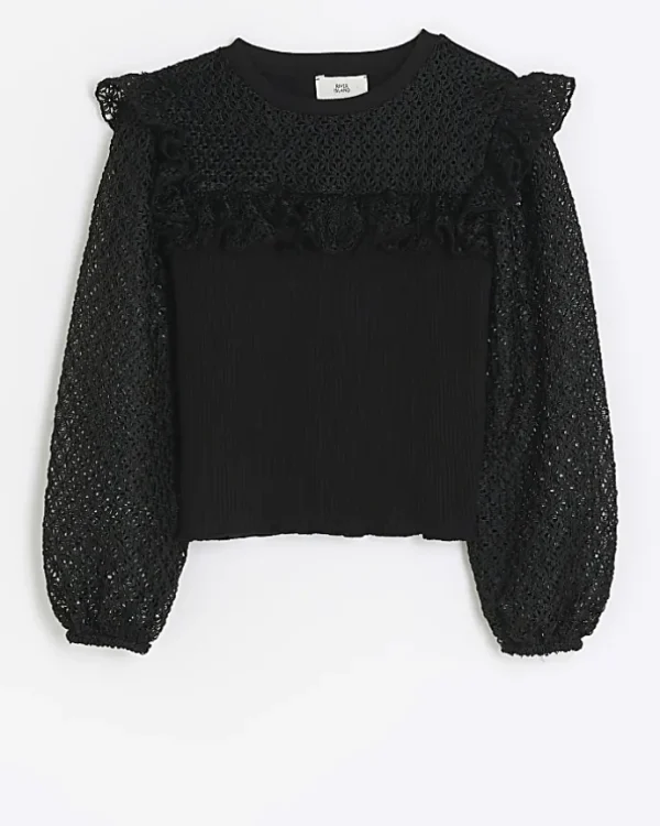 Girls black frill lace sleeve blouse